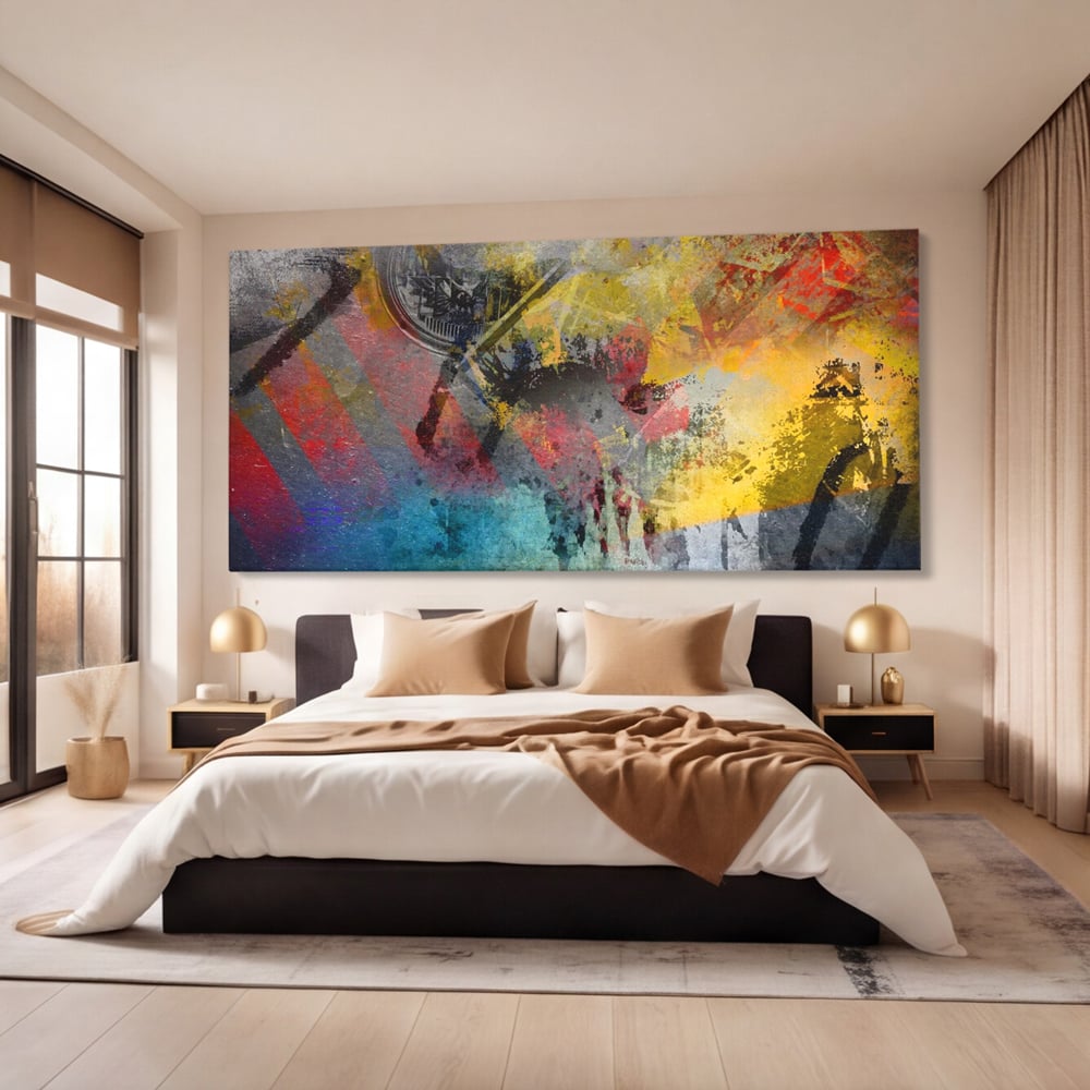 Tablou canvas cu pictura abstracta cu pete vibrante, fara rama, pe sasiu de lemn, pe perete intr-un dormitor